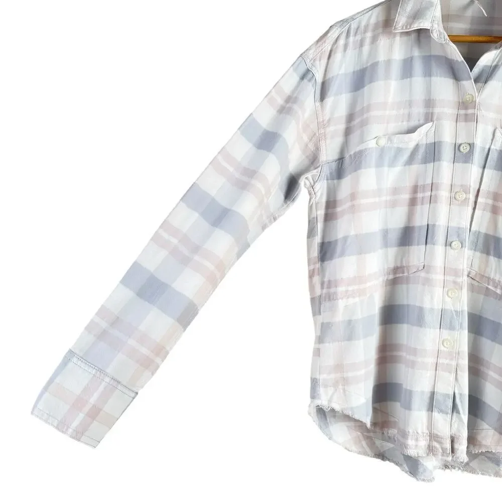 Free People Loveland Plaid Button Down Shirt Top White Pastel Pink Blue, Size XS